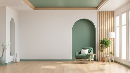 Wall Mural -  Mockup wall living room with green armchair on empty white wall background- 3D rendering 