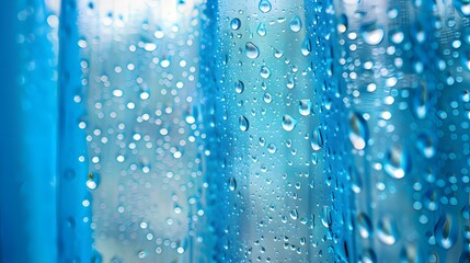 Close-up view of clear water droplets on a textured blue plastic background.
