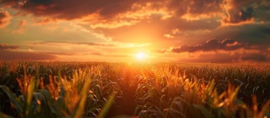 Sticker - photo Panoramic view of Green agricultural fields and sunset in the blue sky