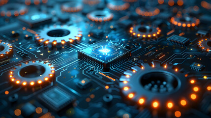 Wall Mural - Interconnected Circuit Board with Integrated Gear Wheels and Polygonal Patterns on Abstract Blue Background