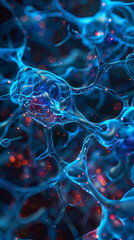Poster - Intricate neural network with blue hues and cells - A detailed illustration showcasing interconnected neurons with blue tones and cell structures that exude a biological vibe