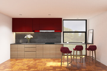 3d rendering illustrationsof interior kitchen wood, red cabinet side the window with breakfast table, red bar chair and frame mock up. Wood parquet floor and white ceiling. Set 41