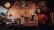 © Domingo - Serial killer's desk with photographs of female victims, a city map, bloodstains, and objects from a crime novel. Criminal investigation for a true crime wallpaper.