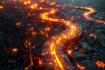Wall Mural - Illuminated Pathways on Circuit Board Creating a High-Speed Data Stream Visualization, Concept of High-Tech Computing and Information Highway
