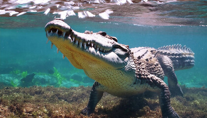 Crocodile deep under water, looking for a meal.
