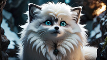 A Fluffy Alien Creature That Is A Mix Between A Cat And An Arctic Fox, Marbled Light And Dark Fir, Light Eyes, Cute, Digital Photography, In A Cave