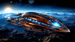 Futuristic science fiction spaceship in orbit over a rocky terrain world, space exploration, moons stars