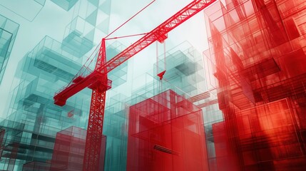 dynamic scene of a crane lifting vibrant red rebar against a bustling construction site backdrop