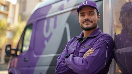 Delivery man leaning on a purple van - A confident male delivery worker in a purple uniform leans on a van with company logo, arms crossed