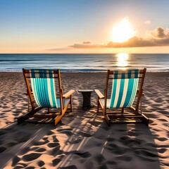 Wall Mural -  two empty deck chairs set up on a sandy beach in front of the ocean