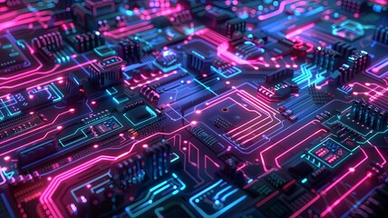 Poster - High-tech circuitry with colorful neon illumination - Showcasing a high-tech circuitry system, the image is illuminated with colorful neon lights representing data flow and electronic activity