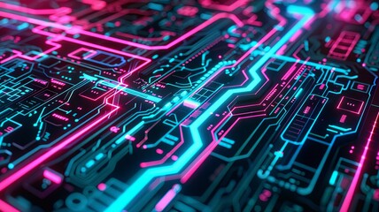 Poster - Futuristic neon motherboard with circuitry glow - The image features a close-up view of a motherboard's neon-illuminated circuitry, representing high-tech digital landscapes