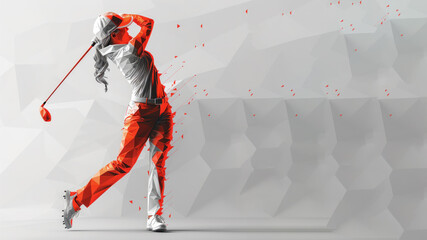 Wall Mural - Red geometric shape illustration of golf player after hitting the ball