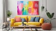 colorful abstract painting hanging in cheerful living room home decor mockup idea happy mood interior design concept