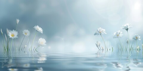 Wall Mural - A tranquil scene of white cosmos flowers blooming above reflective water against a soft blue background.