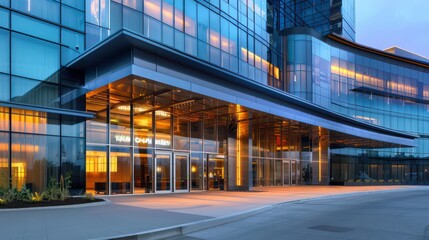 modern hotel exterior with a sleek glass facade in the late afternoon