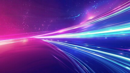 Poster - Neon-colored speed of light on highway - Dynamic illustration showing streaks of neon lights representing high-speed travel on a straight highway under a night sky