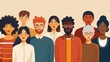 Portrait of diverse people standing together vector flat illustration Group man and woman of different nationality and ages isolated United of various generations Social diversity or population