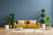 Modern living room has an yellow sofa on empty dark blue wall background- 3D rendering