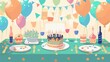 A vibrant birthday table setup with cake and decorations ready for a celebration