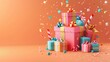 A vibrant celebration with colorful gift boxes and confetti