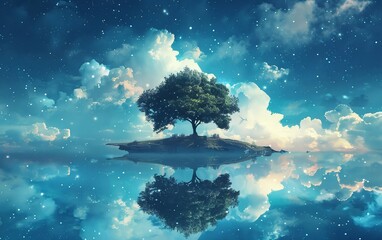 Wall Mural - A magical island hovering among the clouds, captured in a beautiful painting.