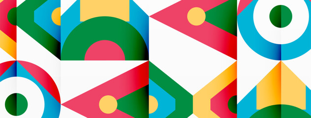 Fototapete - Vibrant geometric pattern featuring circles and triangles in red tints and shades on a white background, showcasing creativity and symmetry in textile art reminiscent of toy blocks