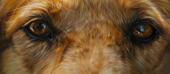 Wall Mural - Close-up view of a tan canine's face with a soft-focus background, capturing details of the dog's features and expression