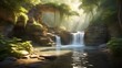 Sunlight filters through the canopy above, casting a warm glow on the cascading waters below. The tranquil pool at the base of the waterfall offers a serene oasis in the heart of the forest. 