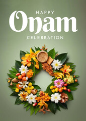 Wall Mural - Marigold Wreath with Candle in the Middle on Orange Isolated Background. Onam Celebration Poster Design