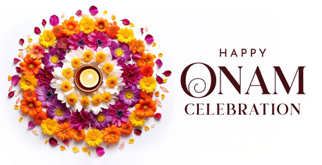 Wall Mural - Marigold Wreath with Candle in the Middle on Orange Isolated Background. Onam Celebration Poster Design