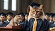 cap and diploma, A sophisticated cat in a graduation ceremony, receiving its diploma from a distinguished professor.