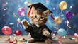 A playful kitten tossing its graduation cap in the air, surrounded by confetti and balloons.
