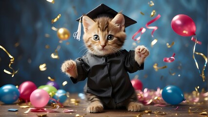 A playful kitten tossing its graduation cap in the air, surrounded by confetti and balloons.