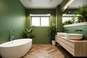 Wall Mural - Modern bathroom interior with soil tone and green color walls, parquet floor, double sink, bathtub, plant.