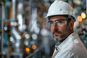 Poster - Skilled male worker in a safety helmet operating machinery in a factory, Industrial engineer in focus