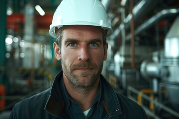 Poster - Skilled male worker in a safety helmet operating machinery in a factory, Industrial engineer in focus