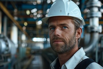 Poster - Skilled male worker in a safety helmet operating machinery in a factory, Industrial engineer in focus