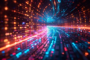 Neon lights illuminate the futuristic digital landscape of the metaverse, showcasing a vibrant and interconnected cyber world brimming with energy and innovation.