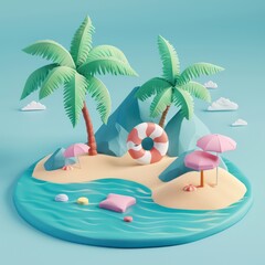  3d candy color fantasy island beach isometric view