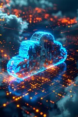 Poster - Modern blue cloud with pixelated digital transformation abstract technology backdrop. AI and data analytics theme. Business sector evolution and high-speed 5G networking.