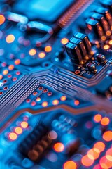 Poster - Close-up view of a computer's intricate circuitry. Motherboard containing micro components. Cutting-edge technology.