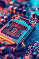 Poster - Close-up view of a computer's intricate circuitry. Motherboard containing micro components. Cutting-edge technology.