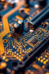 Poster - Close-up view of a computer's intricate circuitry. Motherboard containing micro components. Cutting-edge technology.