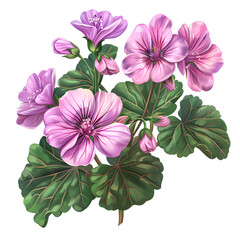 Wall Mural - Clipart illustration a geranium flower and leaves on white background. Suitable for crafting and digital design projects.[A-0002]