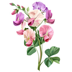 Wall Mural - Clipart illustration a sweet pea flower and leaves on white background. Suitable for crafting and digital design projects.[A-0004]