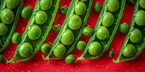 Wall Mural - A close up of green peas with water droplets on them