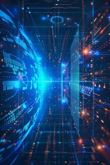 Poster - Futuristic worldwide sci-fi idea. Virtual online connection against a blue backdrop. Broad cybersecurity web and networking theory. Advanced graphic design featuring diverse tech components.