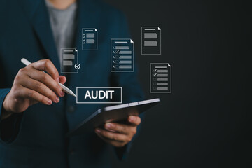 Aufkleber - Businessman Audit online documents, quality assessment management With a checklist, business document evaluation process, market data report analysis and consulting, plan review process.