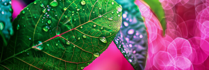 Wall Mural - A leaf with water droplets on it is surrounded by a pink background
